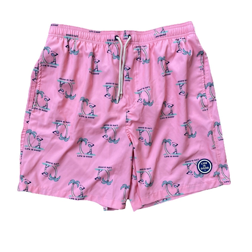 Men's Life Is Good Swim Trunks –‎ Pink Golfer Print – Size Medium